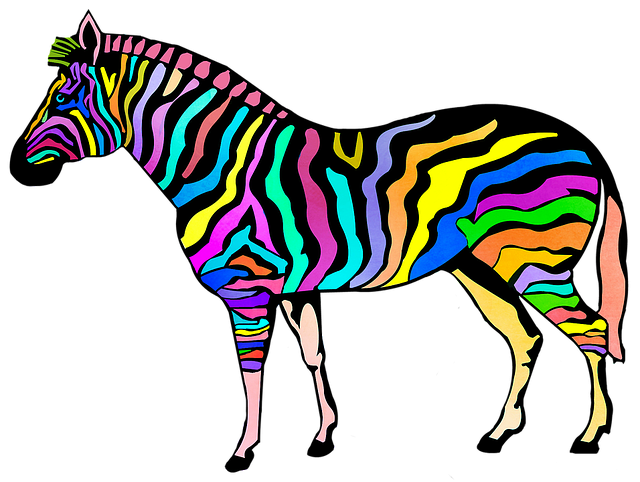 animovaná zebra hrající všemi barvami